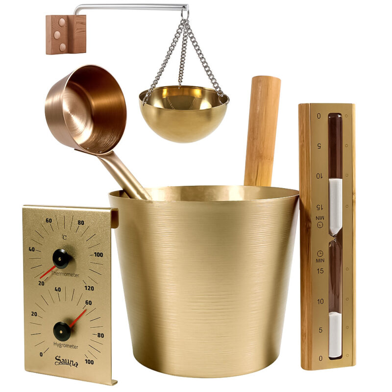 Home Infrared Sauna Accessories Golden Aluminum Sauna Bucket, Aluminum Spoon, Thermohygrometer, Hourglass Timer, Aromatherapy Bowl Set