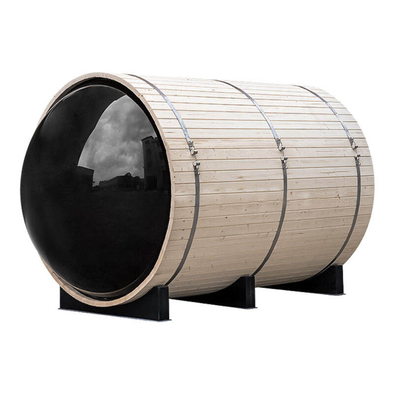 Outdoor pine panoramic barrel sauna